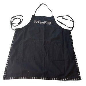 The Pampered Chef Black Apron With Pockets & Striped Trim 1n
